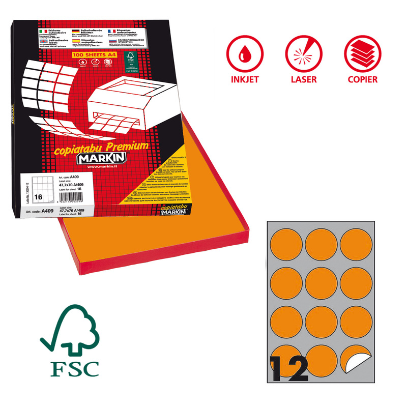 Etichetta adesiva R/310 arancio fluo 100fg A4 tonda Ã60mm (12et/fg) Markin