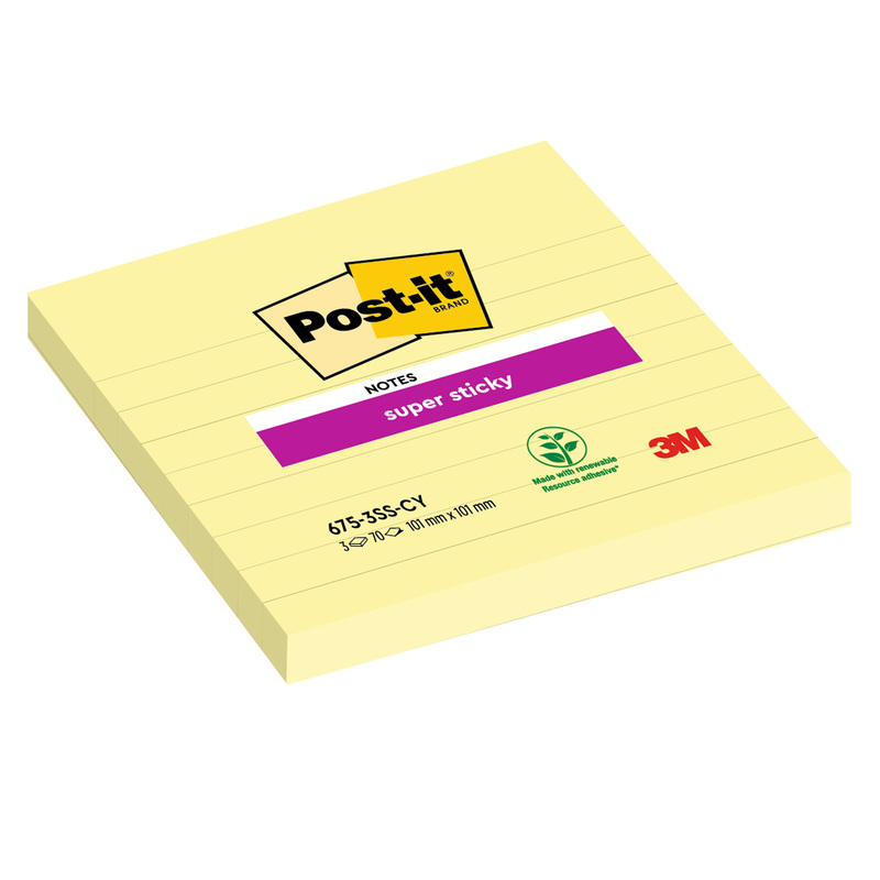 Blocco 70fg. Post-itR Super Sticky Giallo Canary 101x101mm a righe 675-SS3CY-EU
