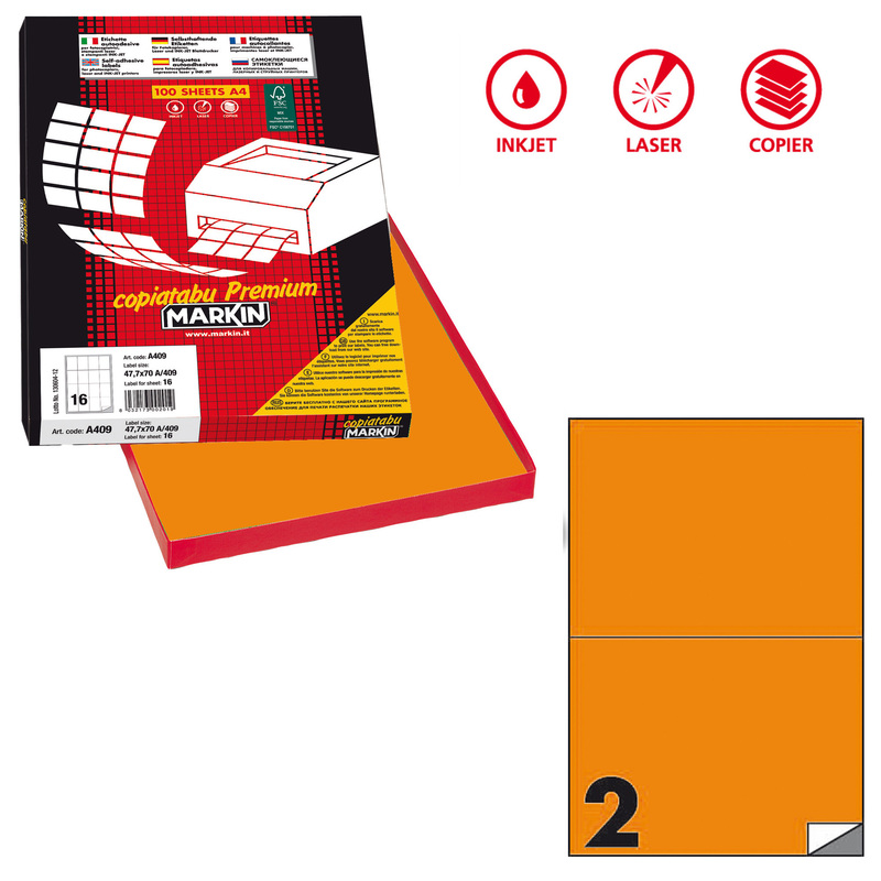 Etichetta adesiva C/509 arancio fluo 100fg A4 210x148,5mm (2et/fg) Markin