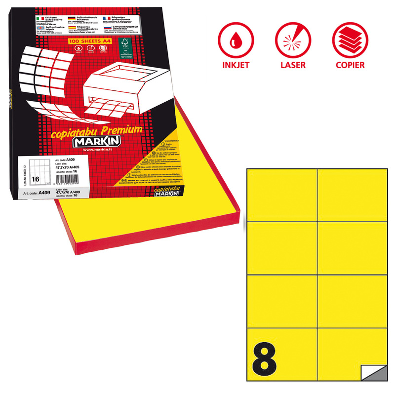 Etichetta adesiva C/512 giallo fluo 100fg A4 105x74,25mm (8et/fg) Markin