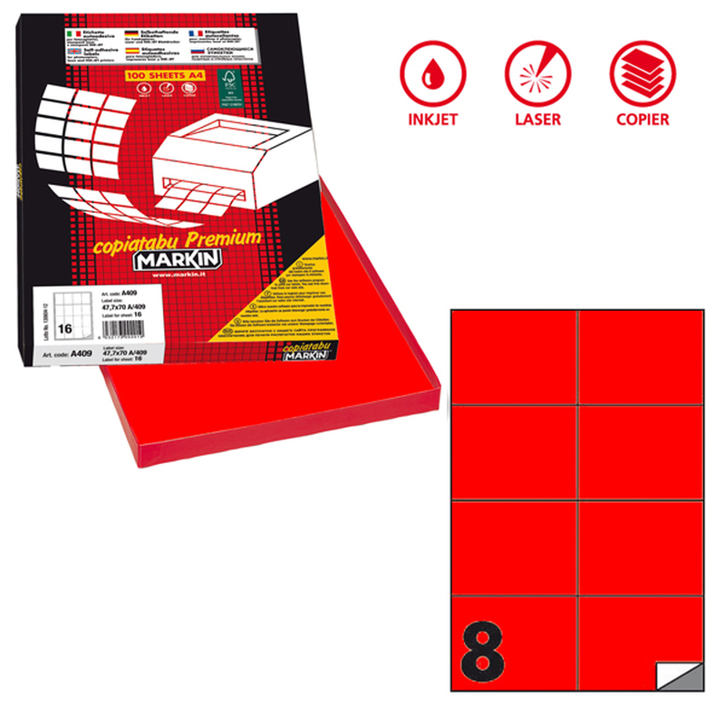 Etichetta adesiva C/512 rosso fluo 100fg A4 105x74,25mm (8et/fg) Markin