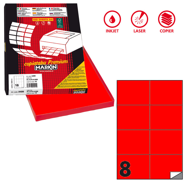 Etichetta adesiva C/512 rosso fluo 100fg A4 105x74,25mm (8et/fg) Markin