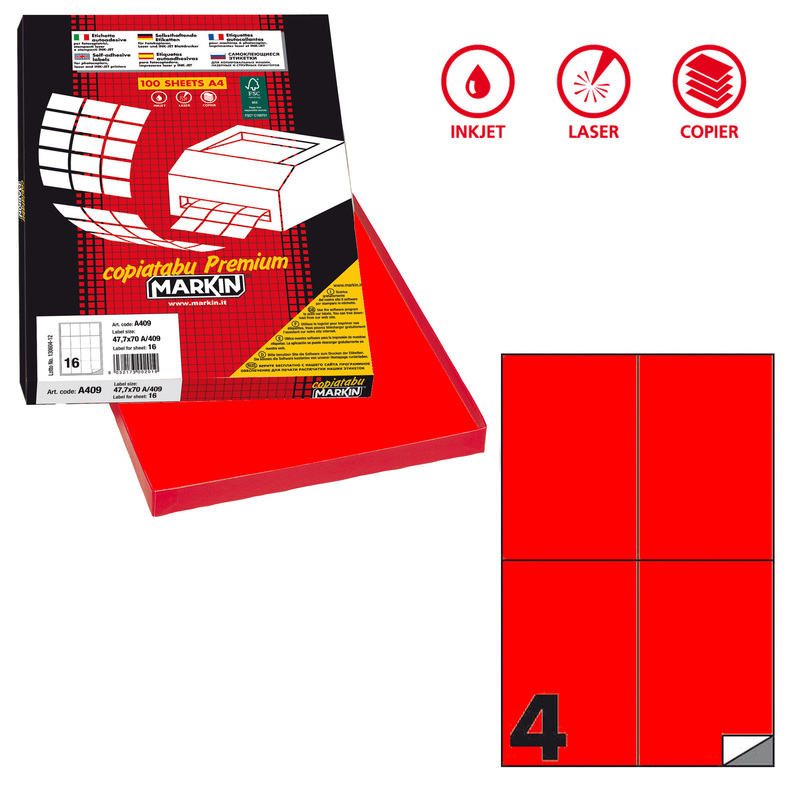 Etichetta adesiva C/519 rosso fluo 100fg A4 105x148,5mm (4et/fg) Markin