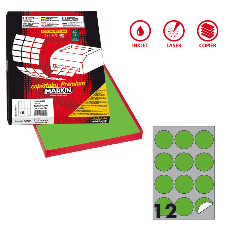 Etichetta adesiva R/310 verde fluo 100fg A4 tonda D60mm (12et/fg) Markin