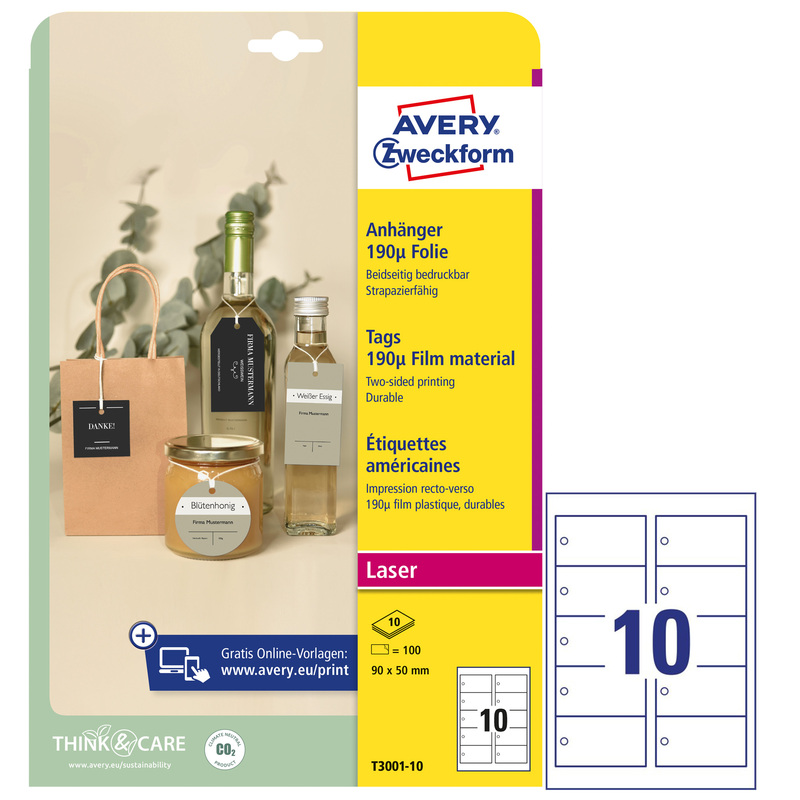 Cartellini stampabili resistenti 190Âµ 90x50mm 10fg(10cart/fg) bianco Avery