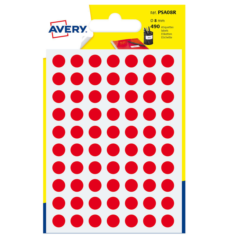 Blister 490 etichetta adesiva tonda PSA rosso Ã8mm Avery