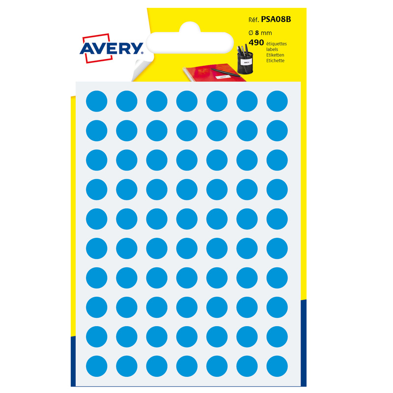 Blister 490 etichetta adesiva tonda PSA blu Ã8mm Avery