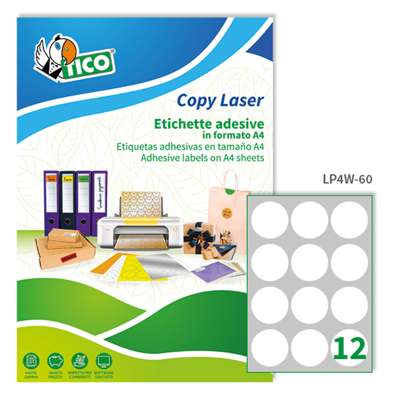 Etichetta adesiva LP4W bianca 100fg A4 tonda D60mm (12et/fg) Laser Tico