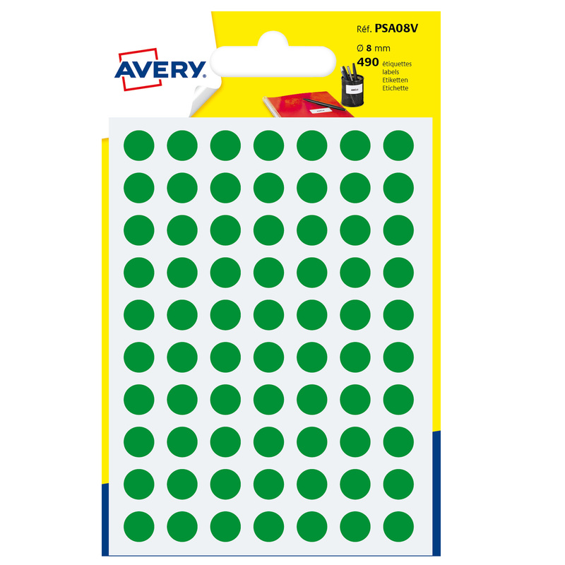 Blister 490 etichetta adesiva tonda PSA verde D8mm Avery
