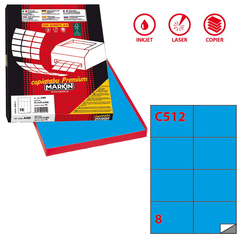 Etichetta adesiva C/512 blu 100fg A4 105x74,25mm (8et/fg) Markin