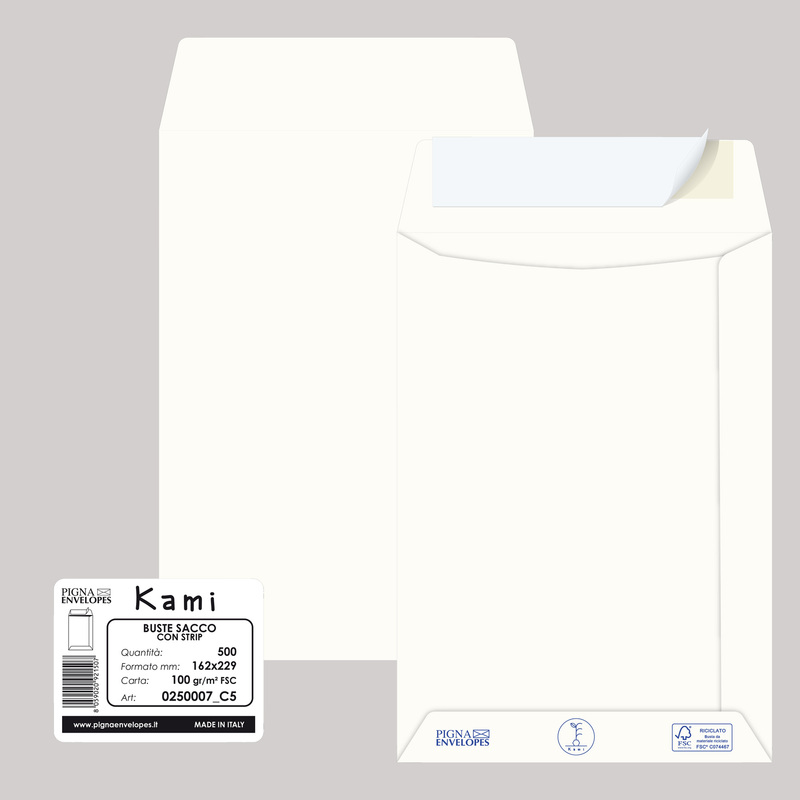 500 buste sacco KAMI STRIP bianca carta riciclata FSCÂ® 162x229mm 100gr Pigna