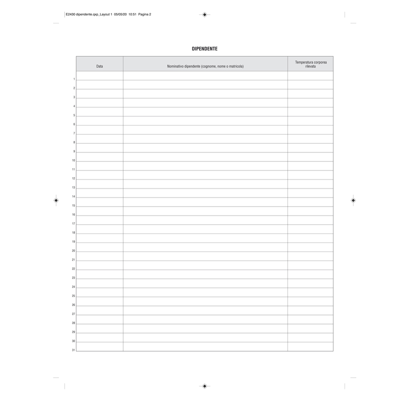 Registro rilevazione temperatura corporea 32 pagine F.to 31X24