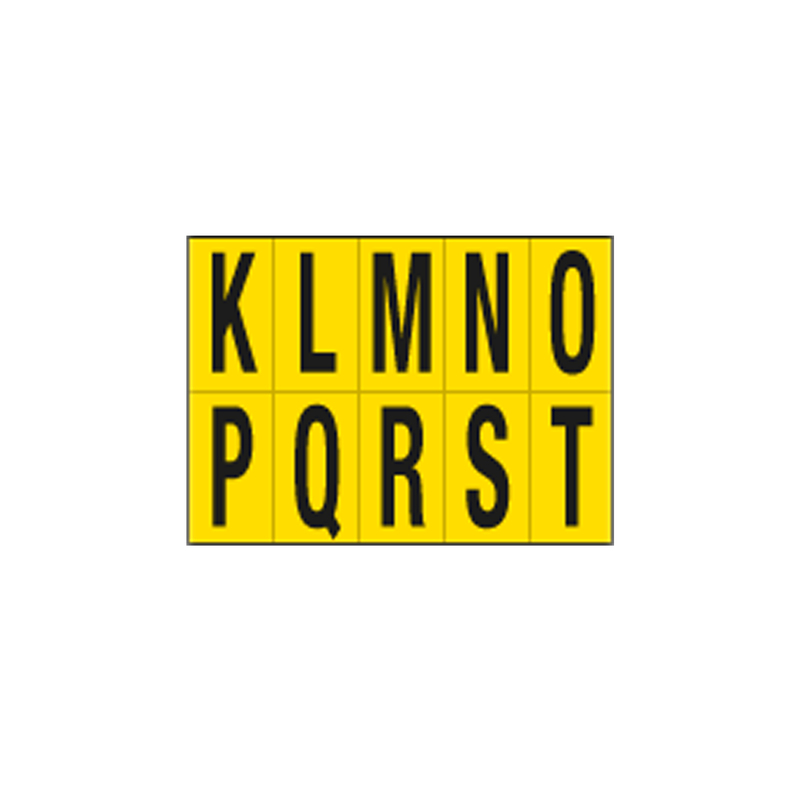 Foglio con 10 lettere autoadesive da K a T nero/giallo 70x124mm