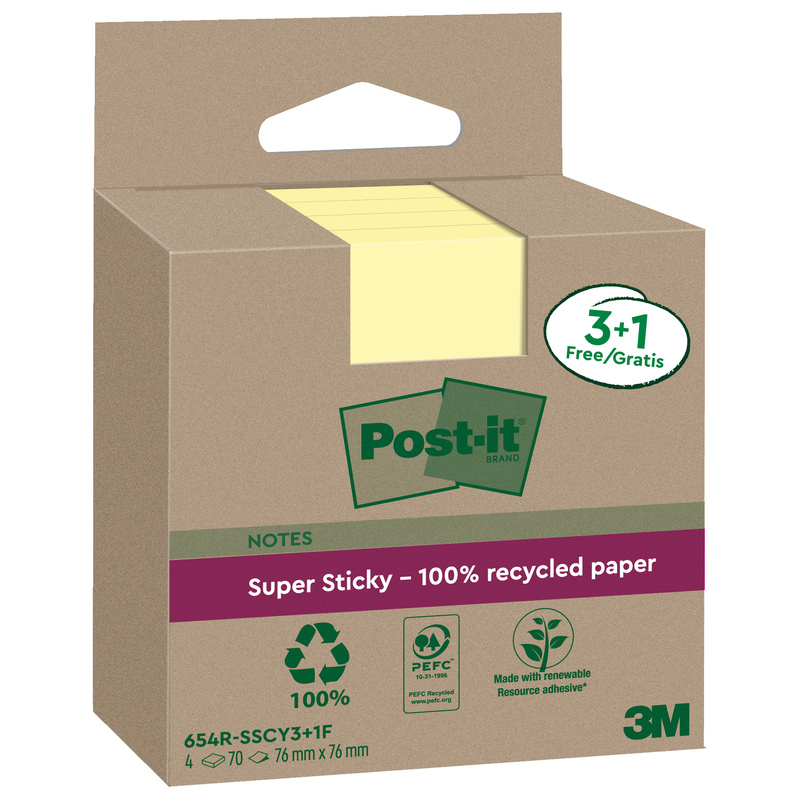 Cf. 3+1pz blocco 70fg Post-itRSuperSticky Green 76x76mm 654R-SSCY3+1 giallo