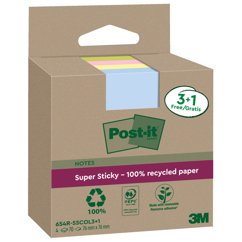 Cf. 3+1pz blocco 70fg Post-itRSuperSticky Green 76x76mm 654R-SSCOL3+1 pastello