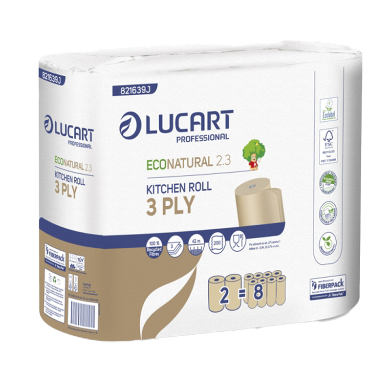 Pacco 2 rotoli Asciugatutto 200 strappi EcoNatural 2.3 Lucart Plastic Free
