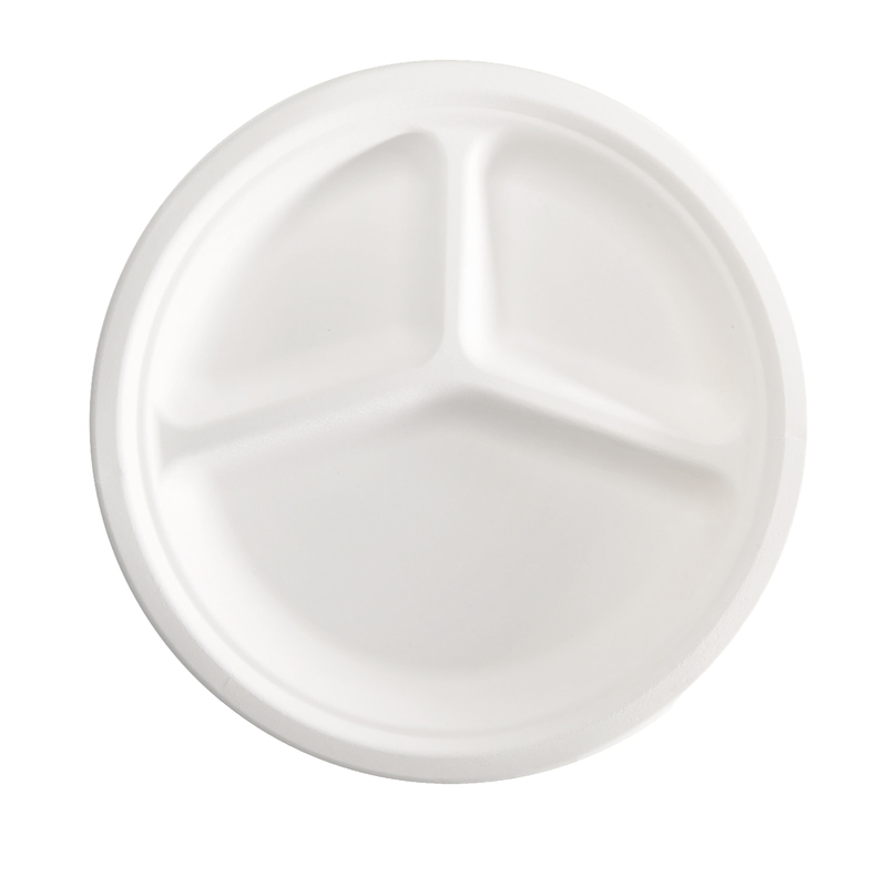 50 Piatti a 3 scomparti monouso in canna da zucchero Ã26cm bianco Signor Bio