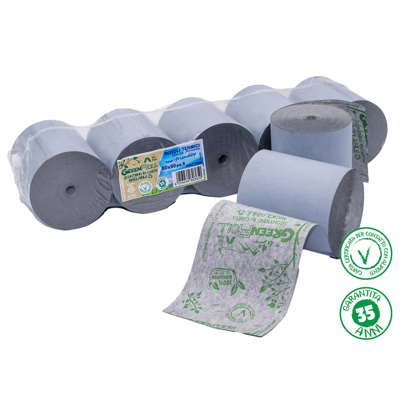 Blister 5 rotoli RC carta termica Green Roll 48gr 79mm x 80mt Ã78mm - Ricicl.