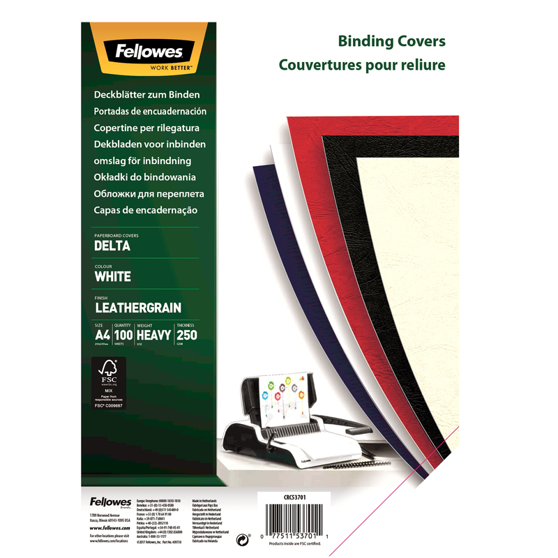 100 Copertine A4 cartoncino groffrato semilpelle 240g bianco Fellowes