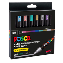 Astuccio 8 marcatore Uni Posca PC5M p.media 1,8-2,5mm col.ass. metal UNI