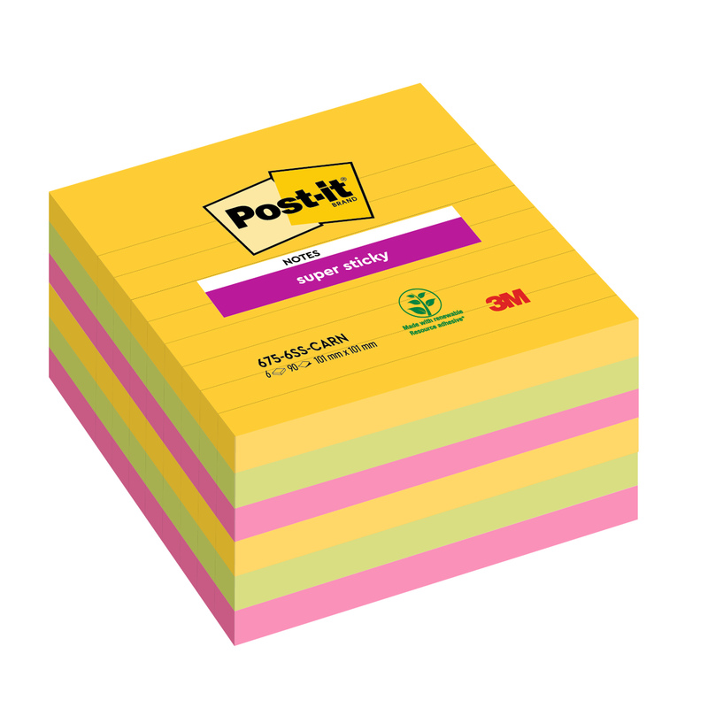 Cf. 6pz blocco 90fg. Post-itRSuper Sticky 101x101mm righe Carnival 675-6SS-CARN