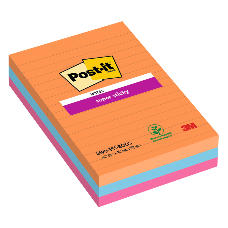 Cf. 3pz blocco 90fg. Post-itR Super Sticky RIGHE 101x152mm 4690-3SS-BOOS Boost