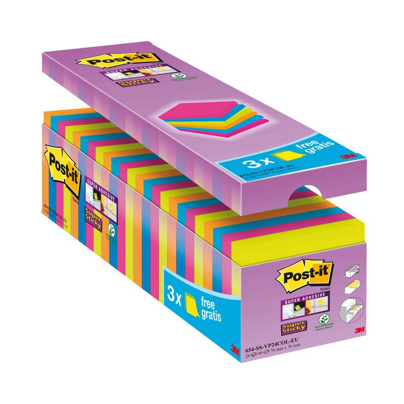 VALUE PACK 21+3 BLOCCO 90fg Post-itR Super Sticky colori assortiti 76x76mm