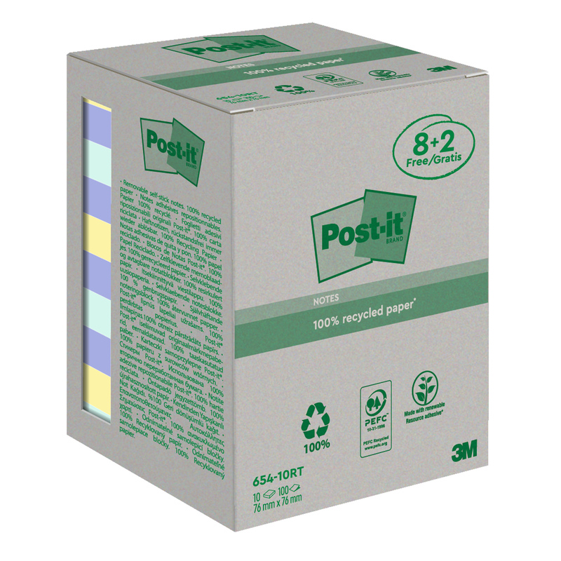 ValuePack 10 blocchi 100fg Post-itR carta ricic.colori pastel 76X76mm 654-RCP10