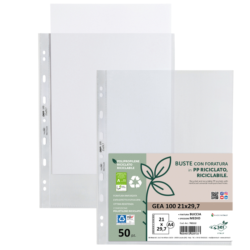 Conf 50 Buste forate in PP riciclato buccia medium 21x29,7cm GEA 100 Sei rota