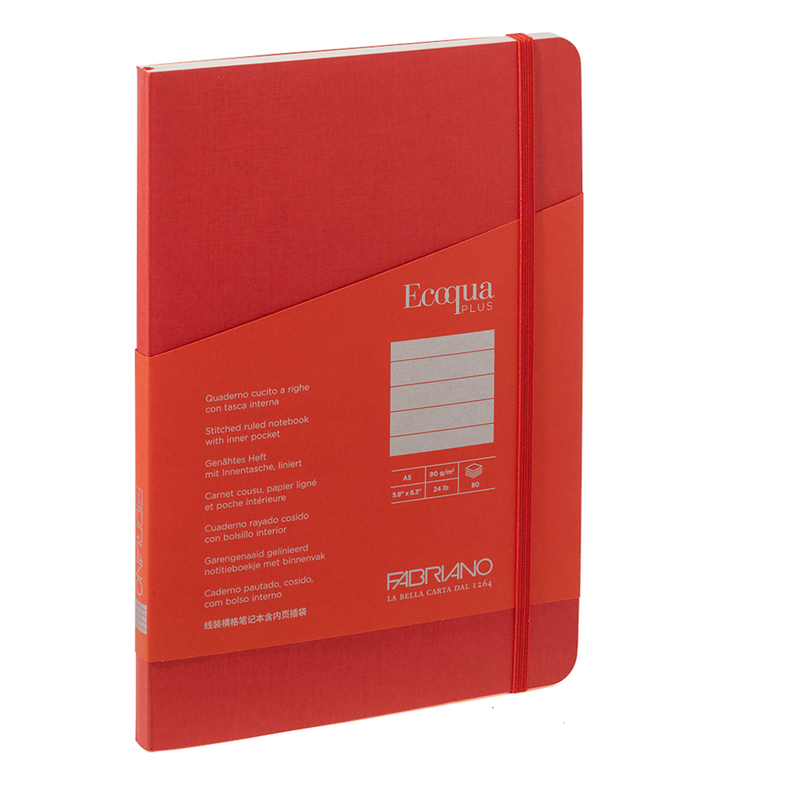 Taccuino c/elastico Ecoqua Plus cucito f.to A5 80 fg. righe lampone Fabriano