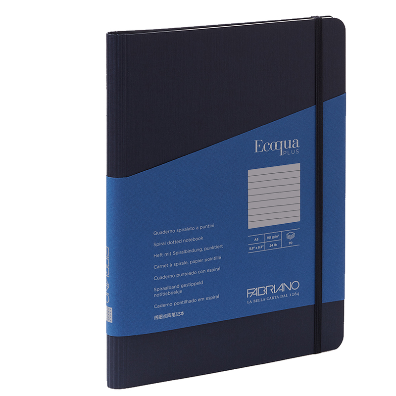 Taccuino c/elast. Ecoqua Plus spiral. A5 70fg. righe blu scuro Fabriano