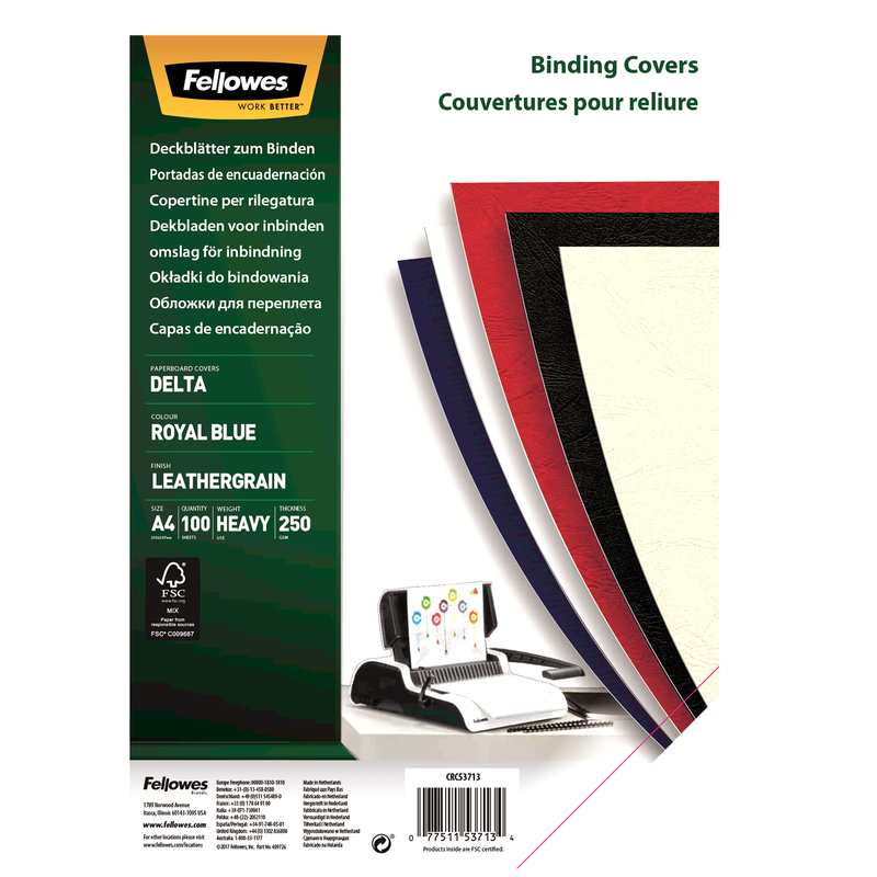 100 Copertine A4 cartoncino groffrato semilpelle 250g royal blu Fellowes