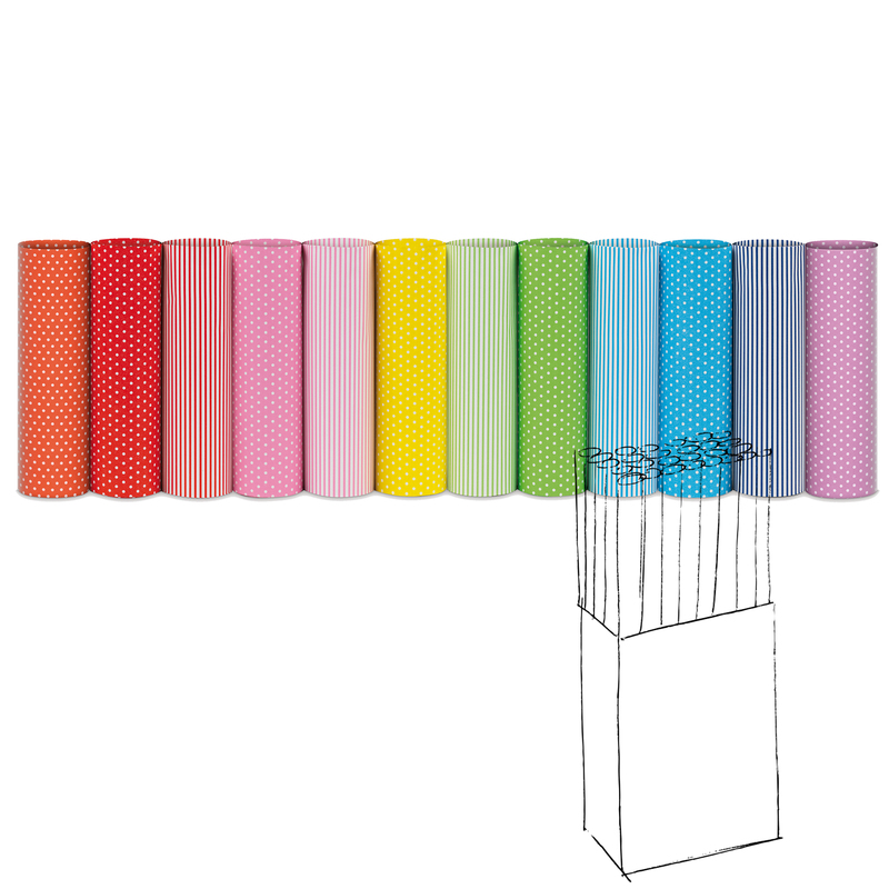 Espositore 50 rotoli carta regalo 2mt x 70cm fantasie righe e pois Rex Sadoch