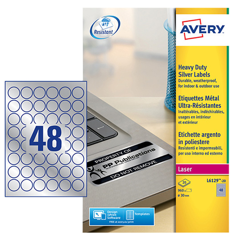 Poliestere adesivo L6129 argento 20fg A4 Ã 30mm(48et/fg) laser Avery