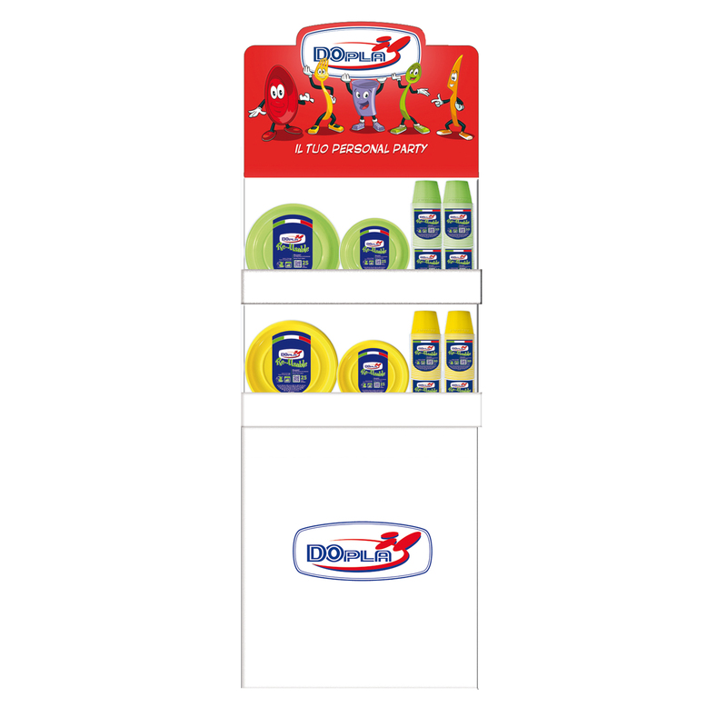 Espositore da terra Mini con piatti e bicchieri Reuse giallo e verde Dopla