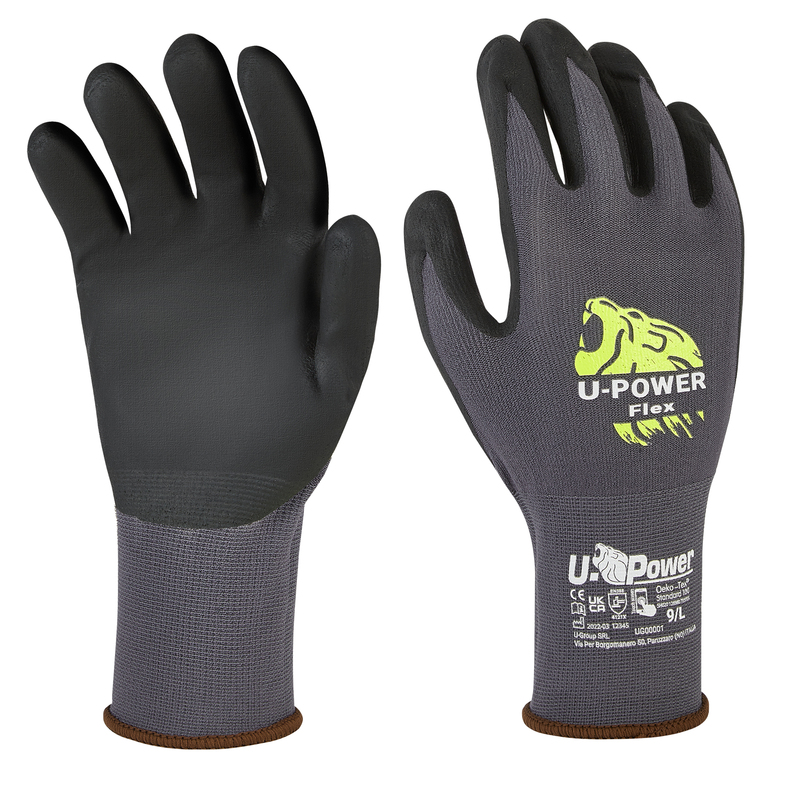 Guanti di protezione FLEX taglia 09 nero grigio c/polsino marrone U-Power