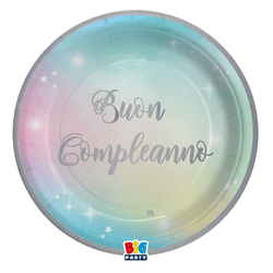 8 piatti Ã24cm Buon Compleanno Soft Rainbow Big Party