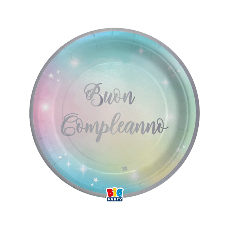 8 piatti D18cm Buon Compleanno Soft Rainbow Big Party