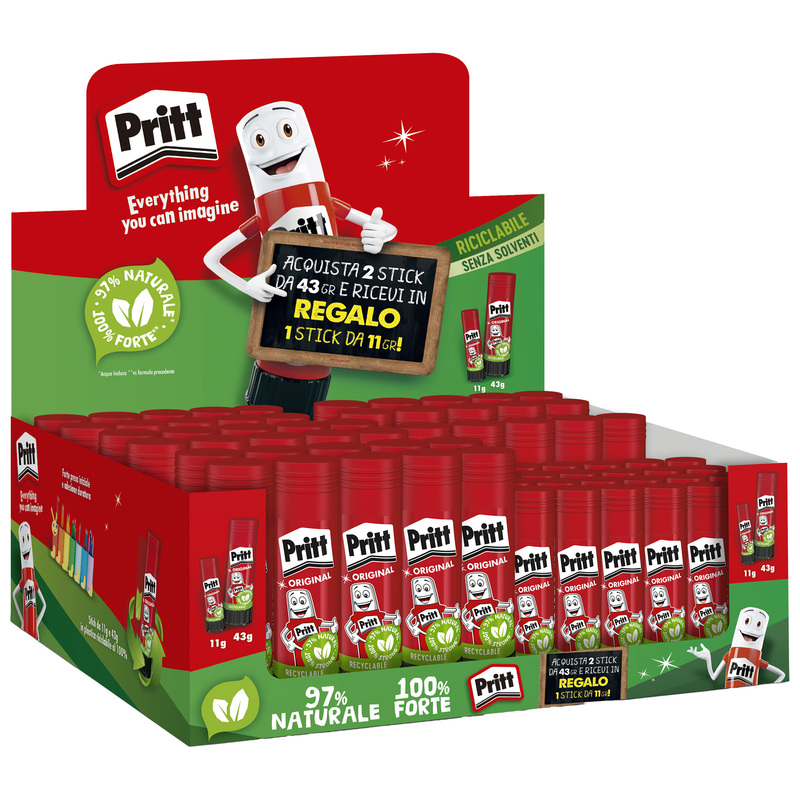 Display 50pz colla stick 43gr + 25 colla stick 11gr Pritt