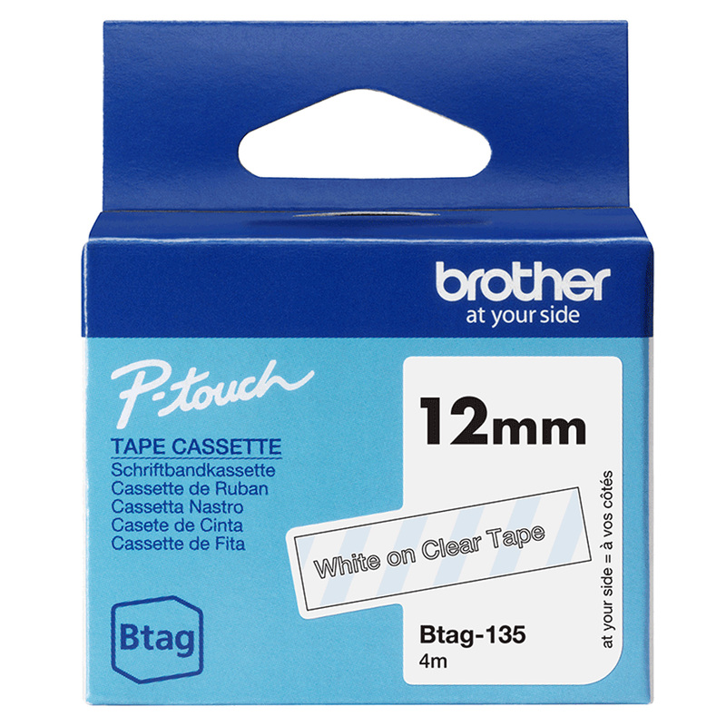 Brother Nastro BTAG135  da 12MM bianco su trasparente - lunghezza 4 m