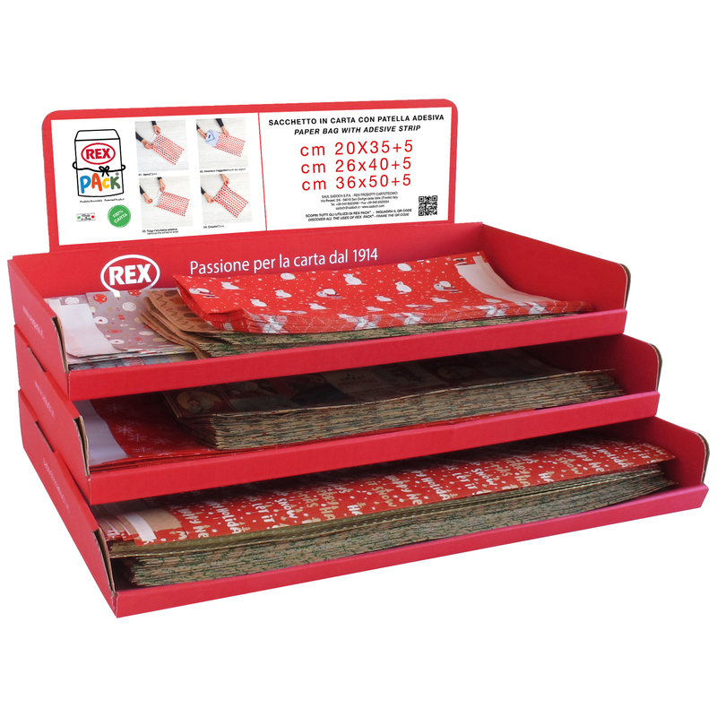 Espositore 150pz sacchetto carta c/patella adesiva natale fantasie e misure asso