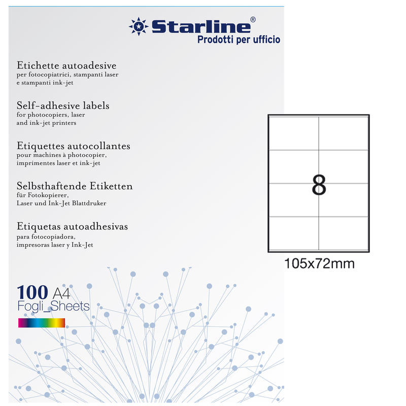 Etichetta adesiva bianca 100fg A4 105x72mm (8et/fg) STARLINE
