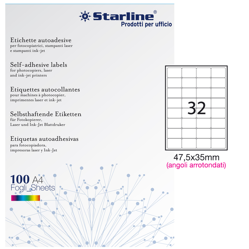 Etichetta adesiva bianca 100fg A4 47,5x35mm (32et/fg) angoli tondi STARLINE