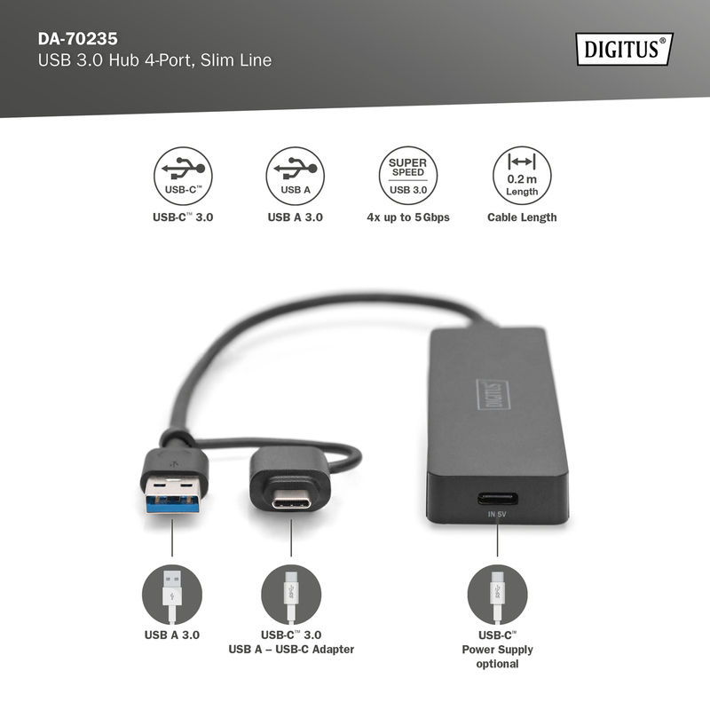 DIGITUS Hub USB 3.0, 4 porte, Slim Line