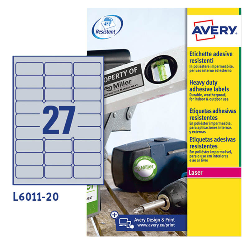 Poliestere adesivo L6011 argento 8fg A4 63,5x29,6mm (27et/fg) laser Avery