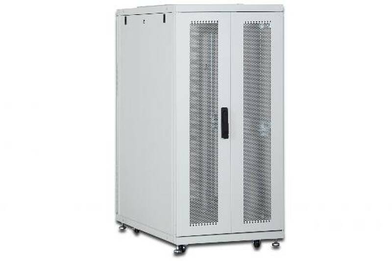 ARMADIO RACK 19" 26 UNITA' LINEA SERVER (A)1342 x (L)600 (P)1000MM. COLORE GRIGIO CHIARO CON PORTA TRAFORATA E RUOTE