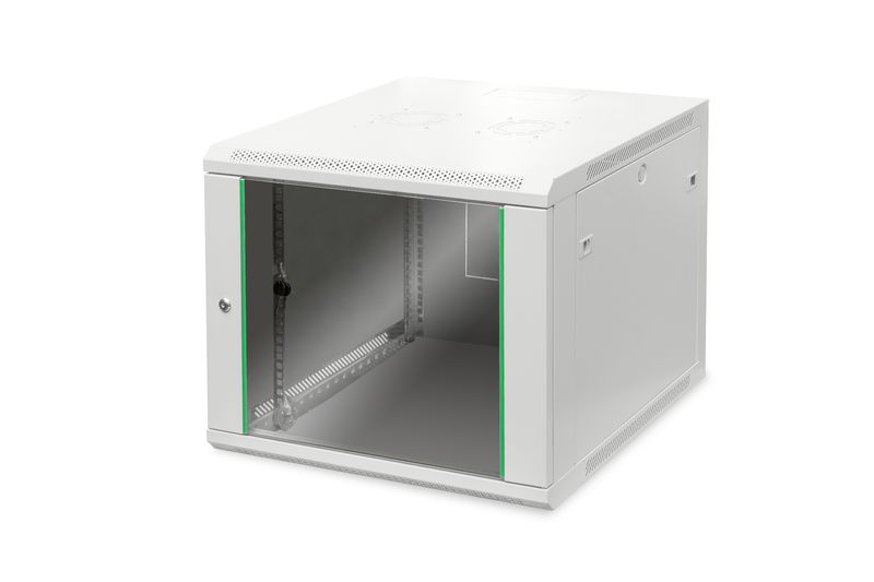 ARMADIO RACK 19" 9 UNITA' DA MURO (A)505 X (L)600 X PROFONDITA' 600 MM. COLORE GRIGIO PORTA VETRO