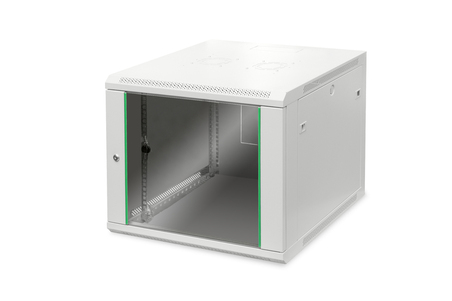 ARMADIO RACK 19" 9 UNITA' DA MURO (A)505 X (L)600 X PROFONDITA' 600 MM. COLORE GRIGIO PORTA VETRO