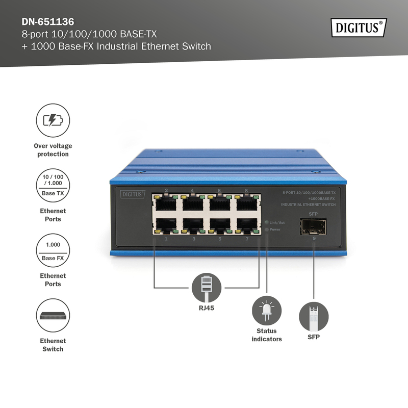 DIGITUS Switch di rete Gigabit Ethernet a 8 porte, industriale, non gestito, 1 collegamento SFP