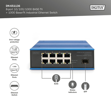 DIGITUS Switch di rete Gigabit Ethernet a 8 porte, industriale, non gestito, 1 collegamento SFP